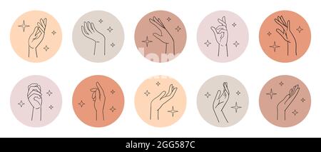 Diverse female hands in various poses. Wrist linear sketch, hand icons in circles. Vector illustration isolated on white. Stock Vector