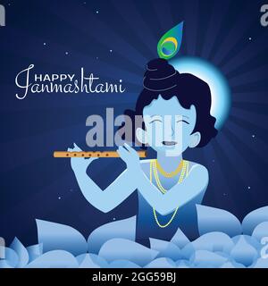 Illustration of Krishna Janmashtami. In the poster God Krishna playing the flute. Colorful and attractive background. Stock Vector