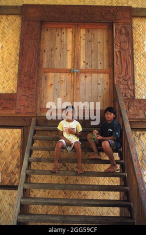 FRENCH POLYNESIA. MARQUISE ISLANDS. HIVA OA ISLAND. REPRODUCTION THE PAINTER PAUL GAUGUIN'S 'HOUSE OF BLISS'. Stock Photo