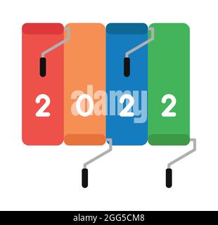 New year 2022 vector concept, paint rollers, paint in 4 different colors. Flat colored style. Stock Vector