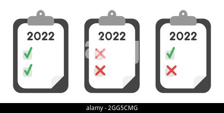 New year 2022 vector concept, clipboard with paper, checkboxes, check marks and cross marks. Flat colored style. Stock Vector