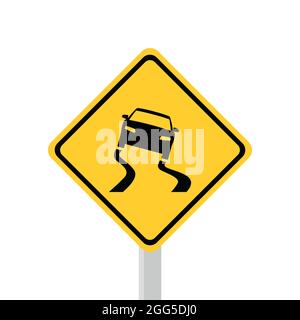 Careful signs of slippery road surfaces. Traffic safety signs are orange. silhouette of slippery road car Stock Vector