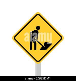 Traffic signs are on the job. Traffic safety signs are orange. silhouettes of working people. under repair Stock Vector
