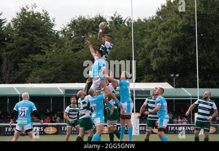 Bobby De Wee of Ealing Trailfinders wins the line out during the 2021/22 Pre Season Friendly match between Ealing Trailfinders and Gloucester Rugby at Castle Bar , West Ealing , England  on 28 August 2021. Photo by Alan Stanford / PRiME Media Images Stock Photo