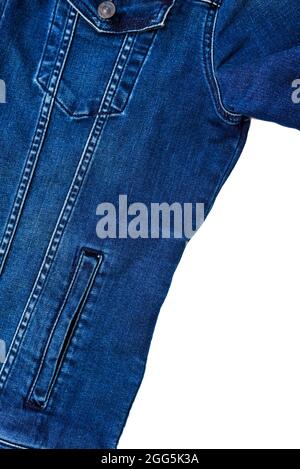 Denim jacket with a side pocket. Blue jean jacket with pockets and classic stitching on a white background with copy space. Stock Photo
