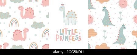 Cute dinosaur seamless patterns set and lettering - little princess. Digital paper. Creative childish print for fabric, wrapping, textile, wallpaper, Stock Vector