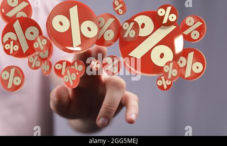 A  finger touching a digital concept of sales and discounts with floating percent signs in 3D Stock Photo