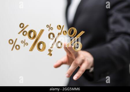 A  finger touching a digital concept of sales and discounts with floating percent signs in 3D Stock Photo