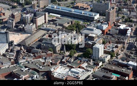 Aerial view of Preston city centre. Preston Cenotaph is in the middle of the picture with municipal buildings (eg Sessions House) around