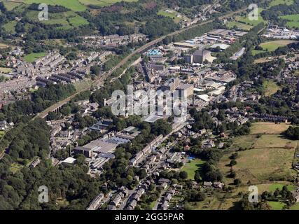 aerial view (from the west) of Slaithwaite, a West Yorkshire village  within the Metropolitan Borough of Kirklees Stock Photo