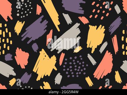 Abstract aesthetic hand drawn brush strokes, spot seamless pattern on black background. Vector illustration Stock Vector