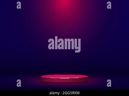 3d realistic pink round shape pedestal with spotlight on blue studio room background and texture. Stage display podium for product advertising. Vector Stock Vector