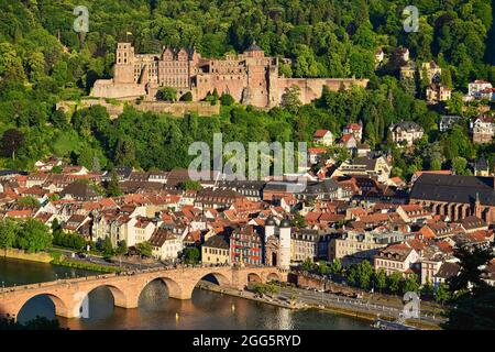 The Old Town of Heidelberg with the castle, the Old Bridge, river Neckar and the Bridge Gate. View from the Philosophenweg. Germany. Stock Photo