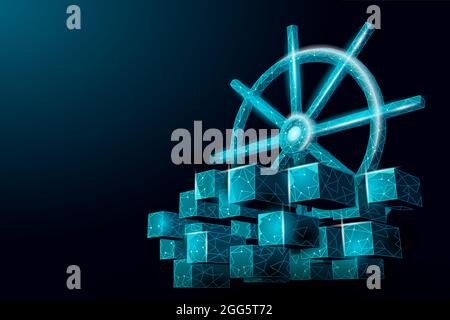 Wheel helm on container computer developer app concept. Business digital open source program. Data coding steering 3D low polygonal vector line Stock Vector