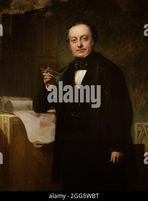 Charles Barry (1795-1860). English architect, famous for his participation in the rebuilding of the Palace of Westminster. Portrait showing Barry with a pair of compasses in his hand, along with architectural plans for the new Houses of Parliament, under construction, in the background. By John Prescott Knight (1803-1881), ca.1851. National Portrait Gallery. London, England, United Kingdom. Stock Photo