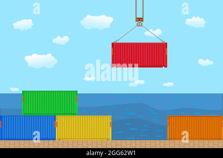 Containers loading and unloading with crane in port. Commercial transportation logistics, maritime container transportation. Stock vector illustration Stock Vector