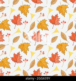 Autumn dry maple leaves and ginkgo leaf and berries seamless pattern background Stock Vector