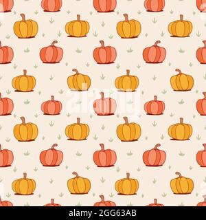 Ripe pumpkins in the grass field seamless pattern agriculture background Stock Vector