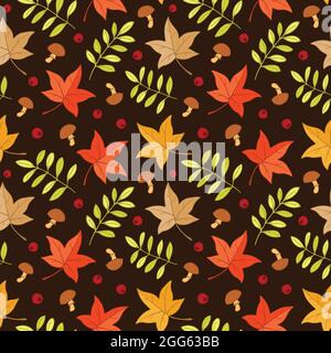 Autumn leaves and mushroom and berries seamless pattern background Stock Vector