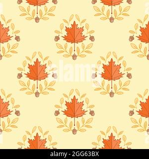 Autumn maple leaves and acorn motif seamless damask pattern background Stock Vector