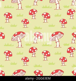 Red mushroom fly amanita in the grass field seamless pattern fungi background Stock Vector