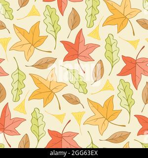 Autumn changing color maple leaves and ginkgo leaf and acorn leaf seamless pattern background Stock Vector