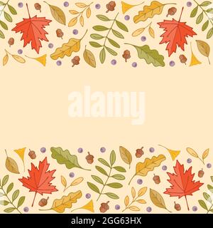 Colorful autumn leaves and berries border background Stock Vector
