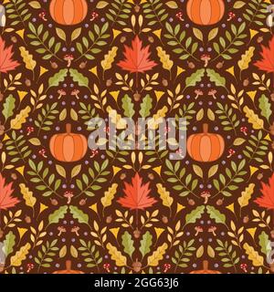 Colorful autumn leaves and pumpkin Double medallion motif seamless pattern background Stock Vector