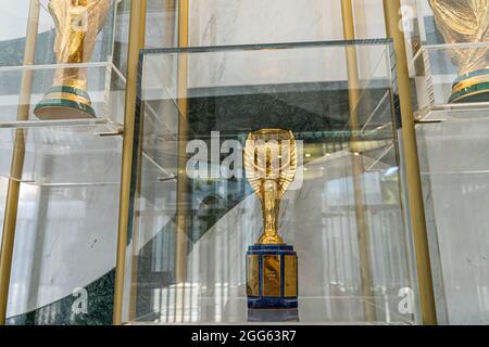 ROME ITALY UK. 29 August 2021.  The Jules Rimet trophy won in 1934 is displayed in the trophy cabinet at the Italian football federation headquarters (FIGC) in via Gregorio Allegri in Rome.Credit amer ghazzal/Alamy Live News Stock Photo