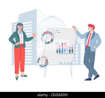 Financial analytics and business planning or accounting. Business presentation or brainstorming meeting with business people studying chart statistics Stock Vector