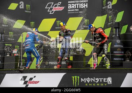 Silverstone Circuit, Silverstone, Northamptonshire, UK. 29th Aug, 2021. MotoGP British Grand Prix, Race Day; The podium champagne Credit: Action Plus Sports/Alamy Live News Stock Photo