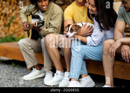 Group of diverse young friends with pet dog playing music on guitar, spending time together camping on autumn weekend Stock Photo