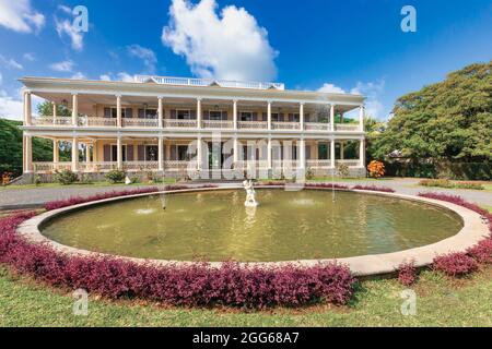 Château de Labourdonnais, 19th century colonial mansion, Mapou, Rivière du Rempart district, Mauritius, Mascarene Islands.  The chateau seen across th Stock Photo