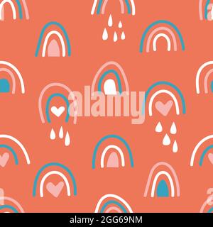 Bohemian hand drawn seamless pattern with rainbow and rain. Retro baby abstract naive background in boho style Stock Vector