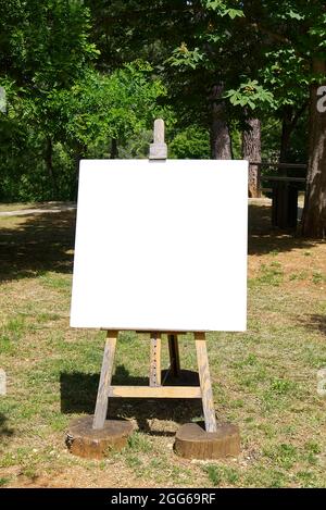 Easel with a blank white sheet of paper stands against the backdrop of a rural landscape. Isolated easel with empty canvas on beautiful wheat Stock Photo