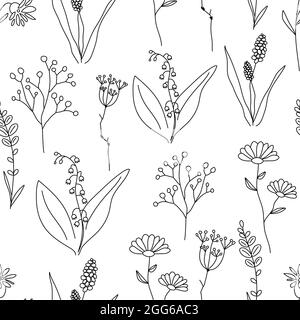 Seamless pattern with wildflowers drawn in thin line. Floral summer vintage print for fabric, textile or wallpaper. Background with outline flowers. V Stock Vector