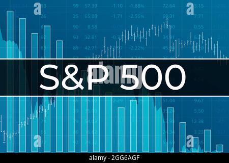 American financial market index S and P 500 (ticker SPX) on blue finance background from numbers, graphs, bars. Trend Up, Down, Flat. Stock market con Stock Photo