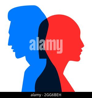 Couple in love illustration. Abstract profiles of faces of man and woman. Poster with silhouettes of girl and guy. Stock Vector