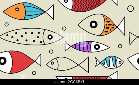 Cartoon seamless pattern with hand drawn fish for print, wallpaper, textiles or fabric. Doodle background with sea animals. Banner with seafood. Vecto Stock Vector