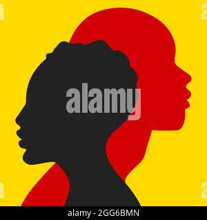 Couple in love illustration. Abstract profiles of faces of man and woman. Poster with silhouettes of girl and guy. Stock Vector