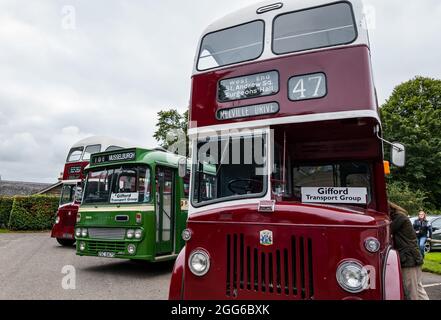 Newhailes, Musselburgh, East Lothian, Scotland, UK, 29th August 2021. Class car rally: an outdoor event takes place called Carhailes, with vintage buses on display Stock Photo