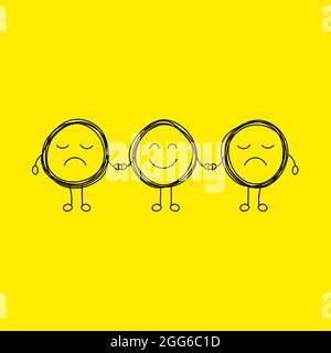 Coach logo. Psychotherapy icon. Happy and unhappy characters. Metaphor therapy. Help in solving problems. Stock Vector