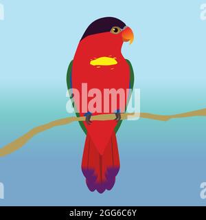 Purple-naped lory vector illustration. The bird is perched on a brown branch. You see the bird on his belly and he holds his head so that you can see Stock Vector
