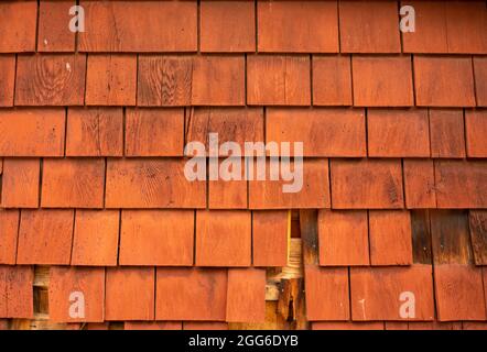 Damaged Red Shingles Texture Horizontal Background Image Stock Photo