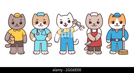 Cute cartoon cat characters of different professions. Funny cartoon essential workers drawing. Vector clip art illustration. Stock Vector