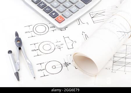 Fiber optics schematics, blueprints on the table, electrical engineering, networking modern technology, nobody. Tools, paper and calculator. Science, Stock Photo