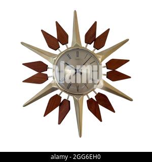 Anstey and Wilson 1960s midcentury modern sunburst clock contructed from teak and brass. Isolated on white. Stock Photo