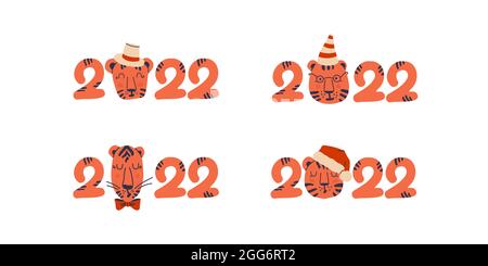 Set of cute tigers and numbers New Year 2022. Symbol of the Chinese New Year. Hand drawn illustrations for design. Isolated on white background. EPS Stock Vector