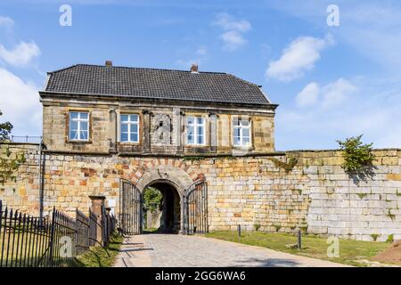 Bad Bentheim, Germany - August 25, 2021: Entrance of Bentheim Castle in Nordrhine Westfalen in Germany, Largest hilltop castle in northwestern Germany, Stock Photo