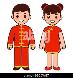 Cute boy and girl in national costume of China. Cartoon children in traditional red Chinese New Year clothes. Vector clip art illustration. Stock Vector
